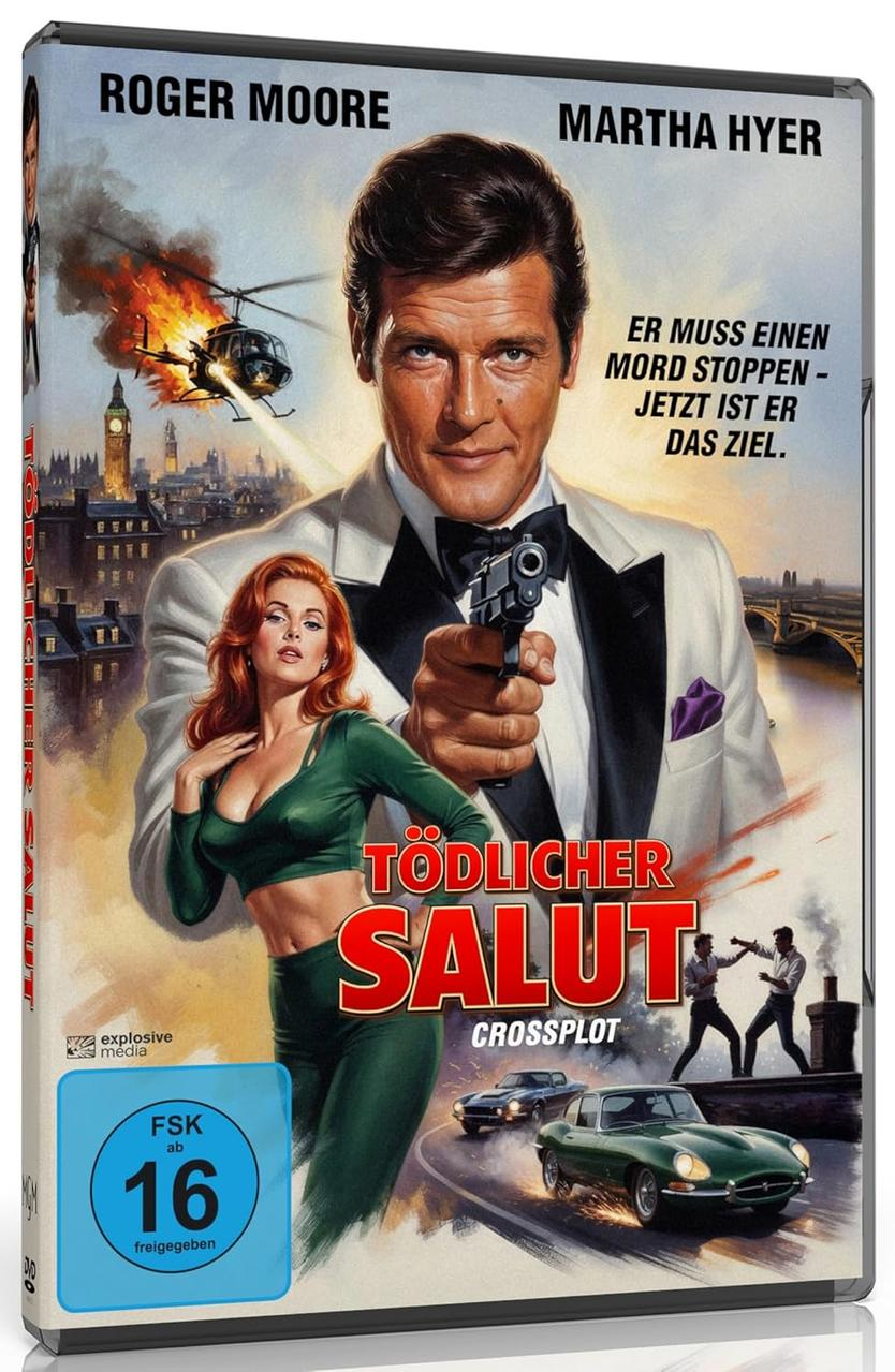 Roger Moore und Martha Hyer im Film "Tödlicher Salut". Ein Hubschrauber fliegt über London.