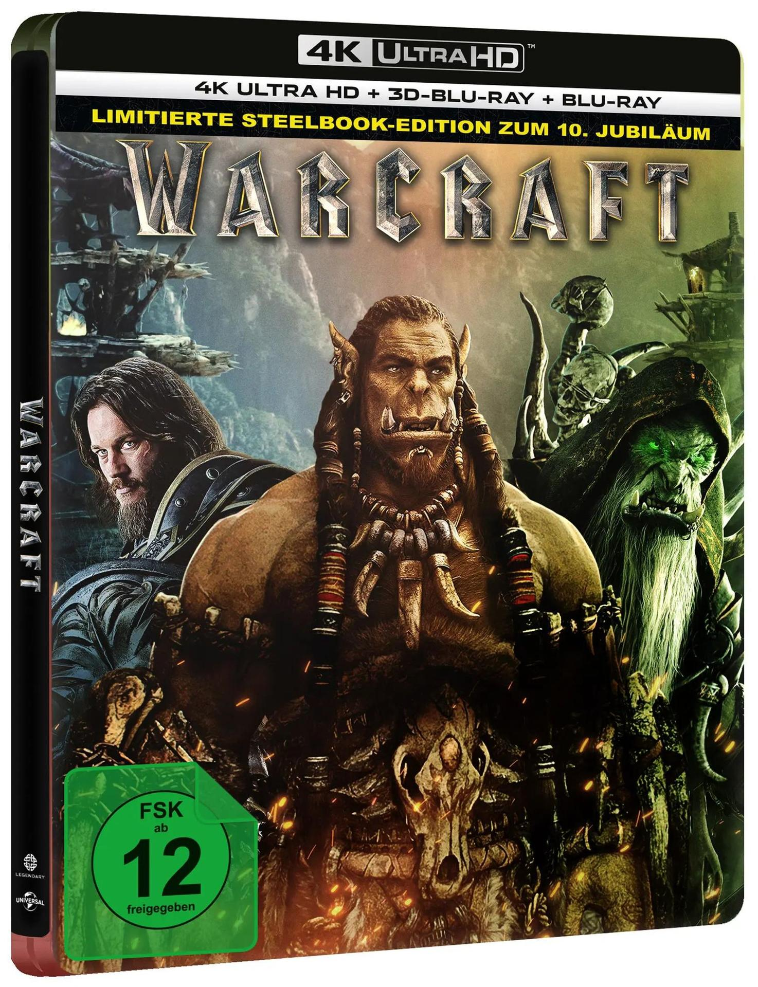 Warcraft Steelbook Edition 4K UHD: drei Krieger im Fokus, FSK 12 Siegel.