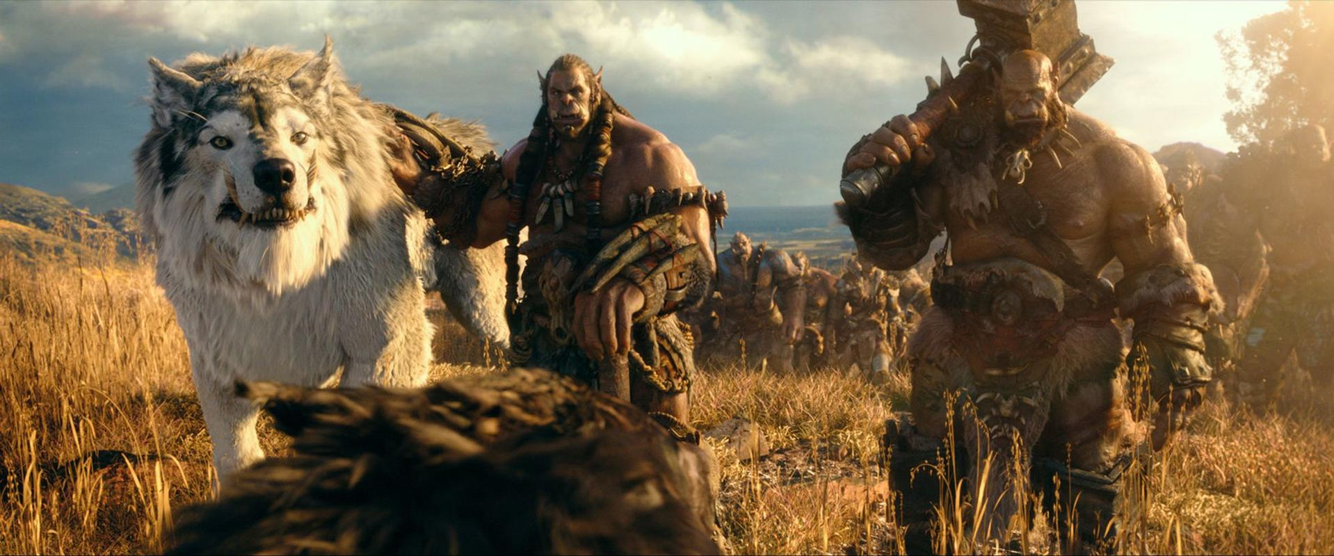 Ein großer weißer Wolf steht neben zwei Orks in einer goldenen Graslandschaft.