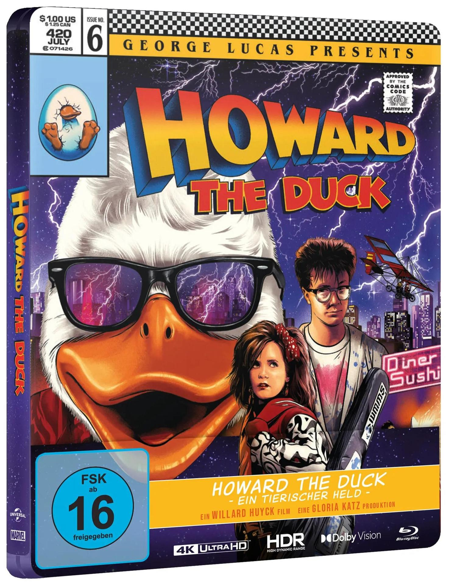 Filmplakat: Howard die Ente mit Hauptfiguren und Titel vor Gewitterhimmel.
