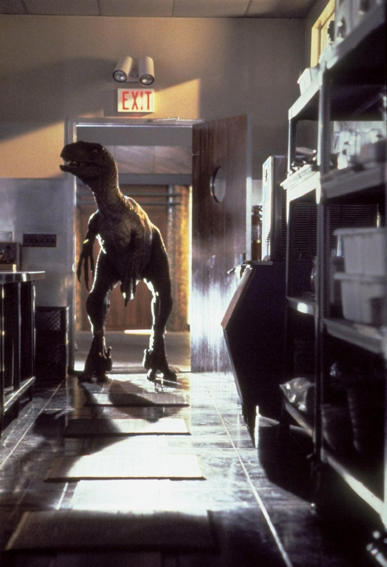 Ein Velociraptor steht in einem Flur vor einer Ausfahrt.