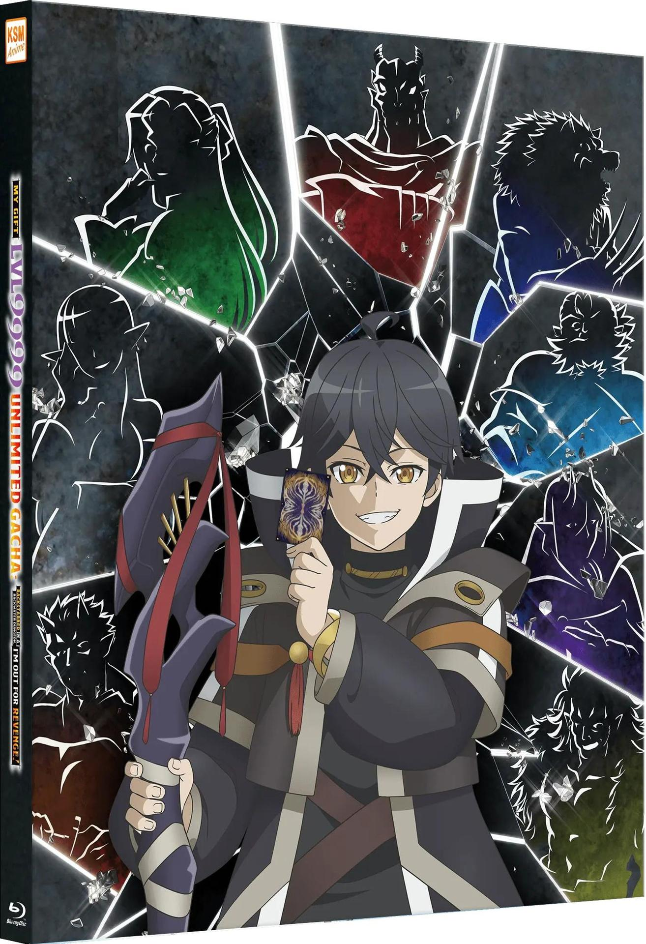 Ein Anime-Charakter hält eine Karte und eine Waffe vor zersplittertem Hintergrund mit Silhouetten.
