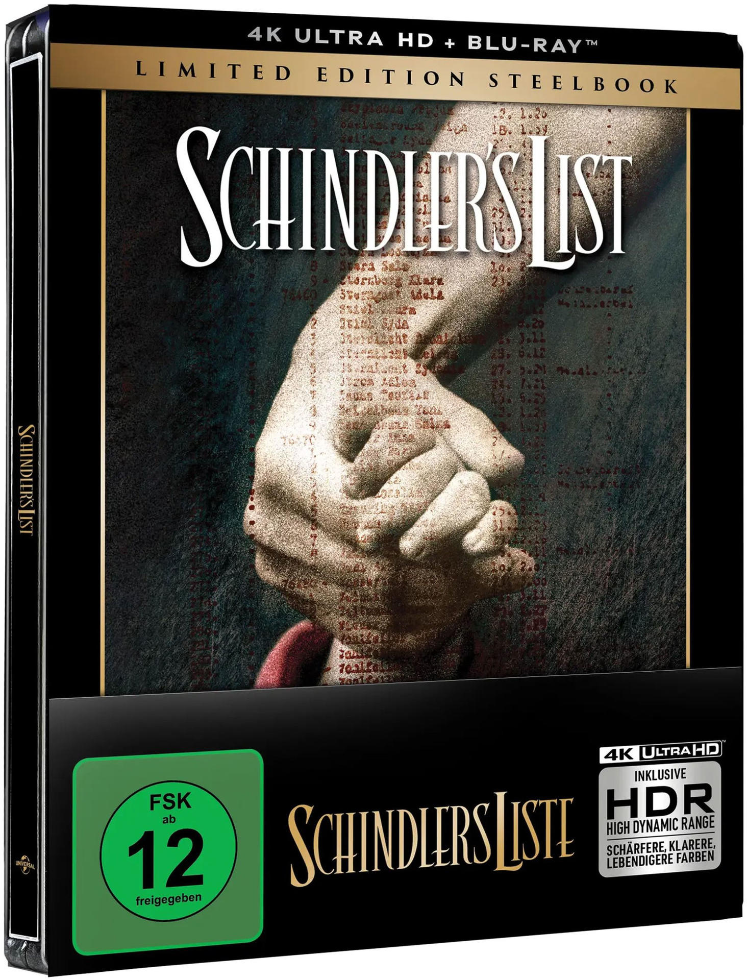 Cover von Schindlers Liste 4K UHD Steelbook mit Händen und Liste.