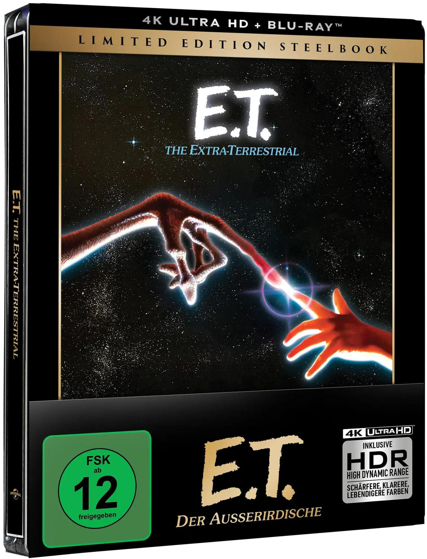 Das Cover zeigt E.T. und einen Menschenfinger, die sich im Weltraum berühren. Es ist eine Steelbook-Edition.