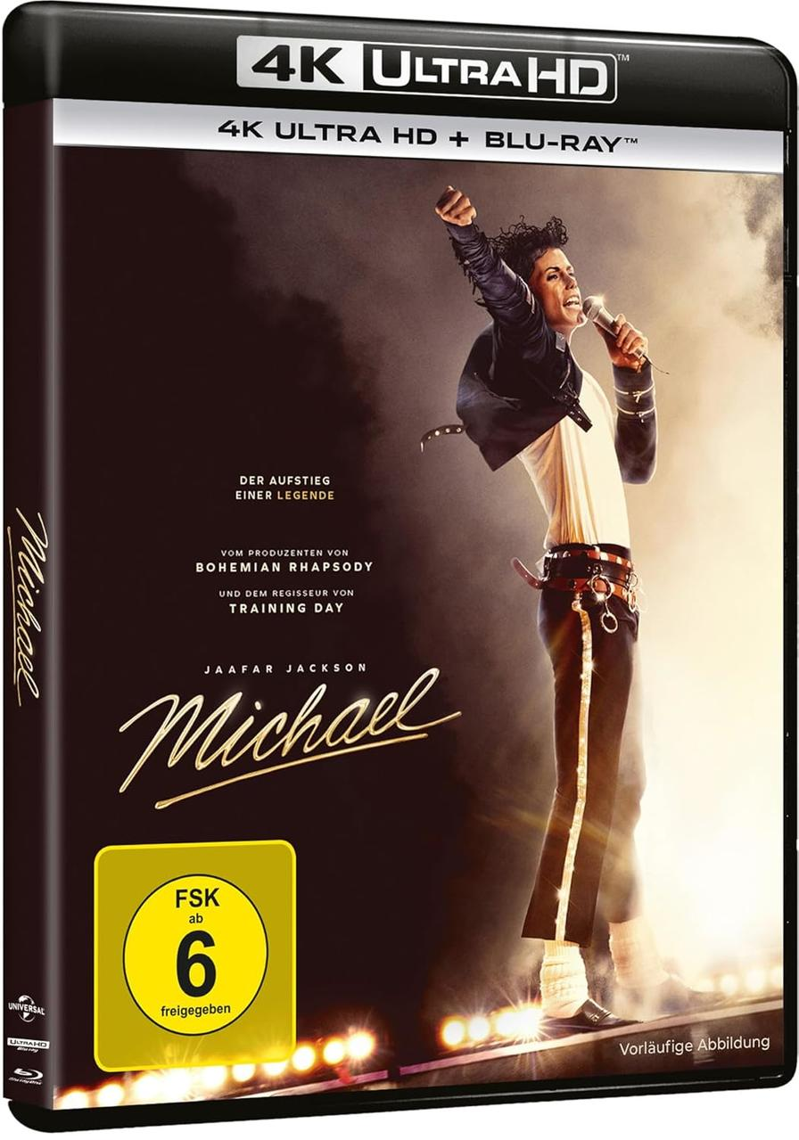 Michael Jackson Darsteller mit Mikrofon, 4K Ultra HD Blu-ray Hülle mit Text.