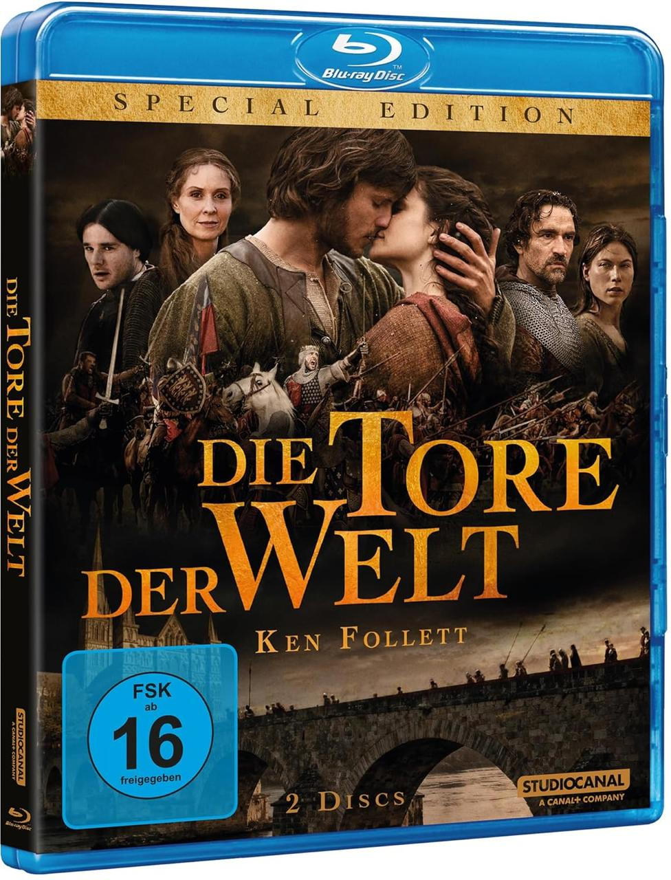 Blu-ray Cover: Mittelalterliche Liebesszene, Kriegsszene, Brücke und FSK-Siegel.