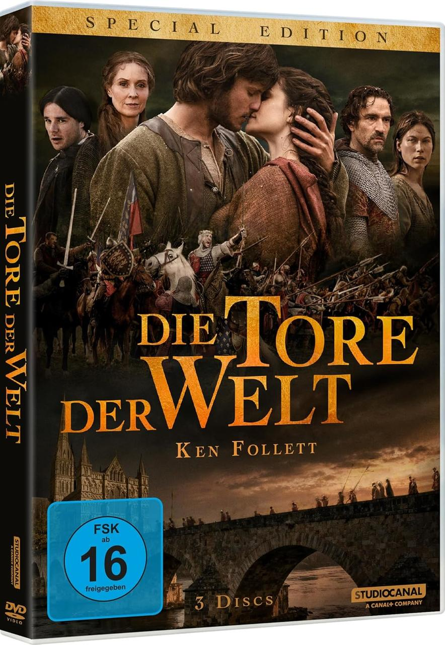 DVD-Cover: Mittelalterliche Schlachtszene, ein Paar küsst sich, Brücke und Burg.