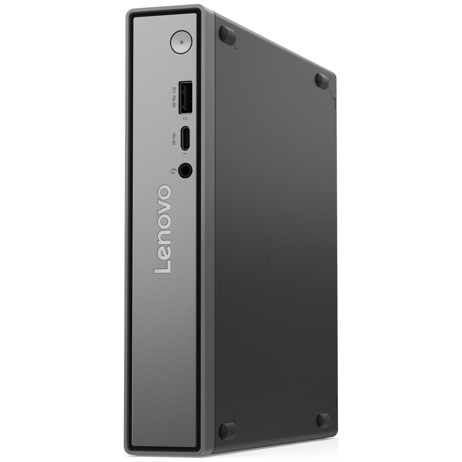 Gray Lenovo mini PC with USB-A, USB-C, headphone jack, and power button.
