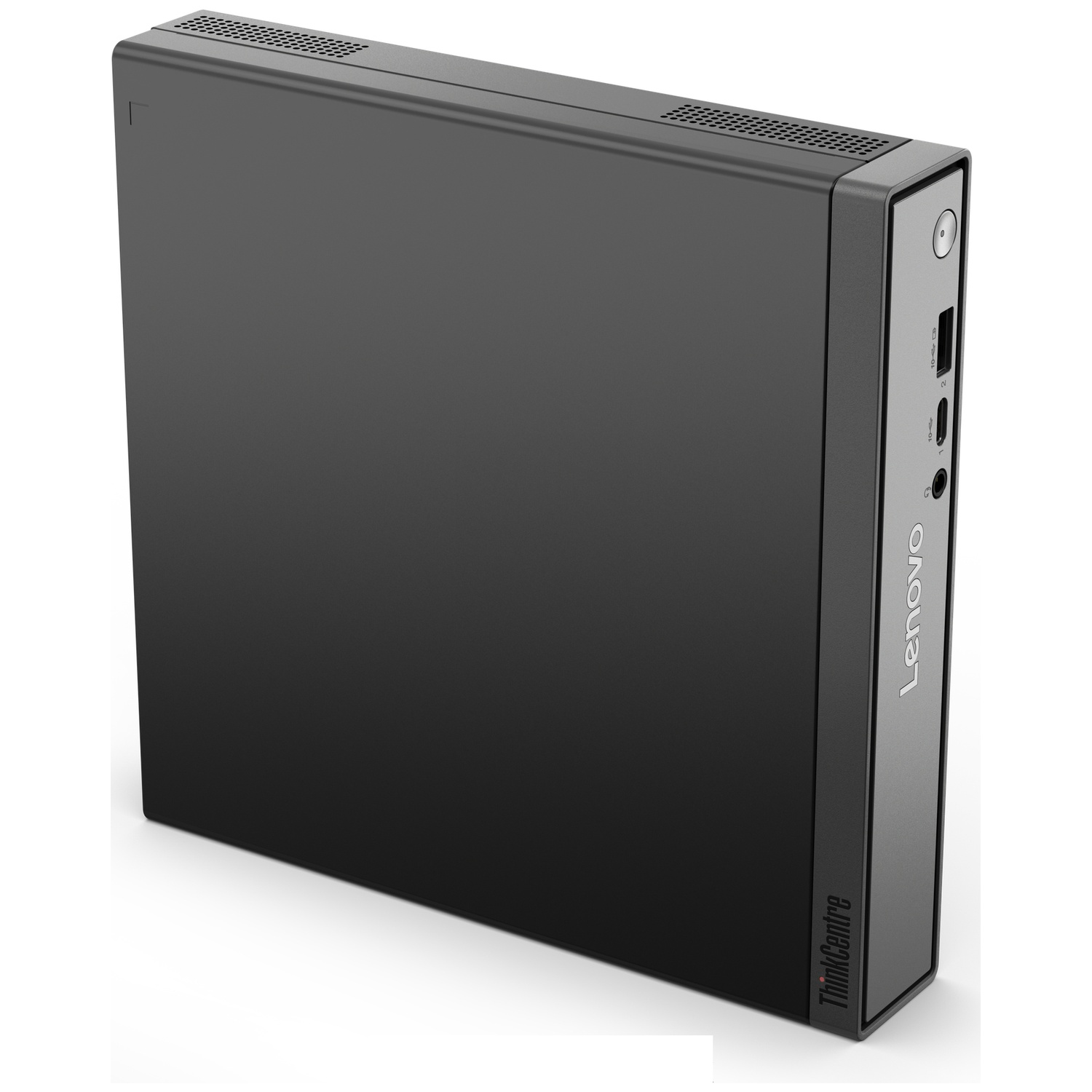 A black Lenovo ThinkCentre mini PC with ports on the front panel.