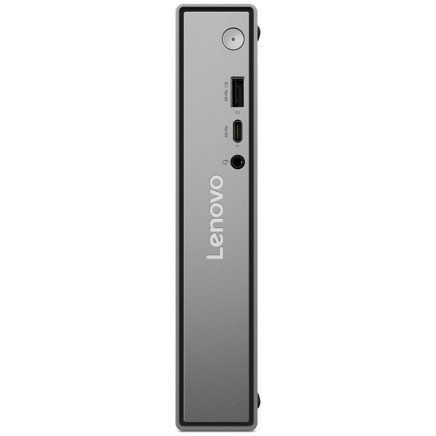 Gray Lenovo Mini PC with USB ports and headphone jack.