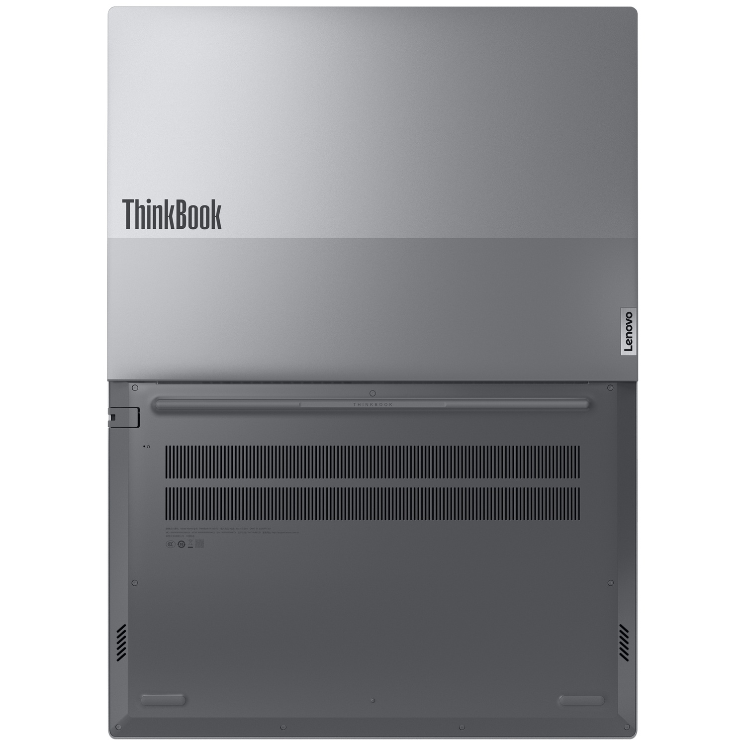 Onderkant van een grijze laptop met ventilatieopeningen en logo's.