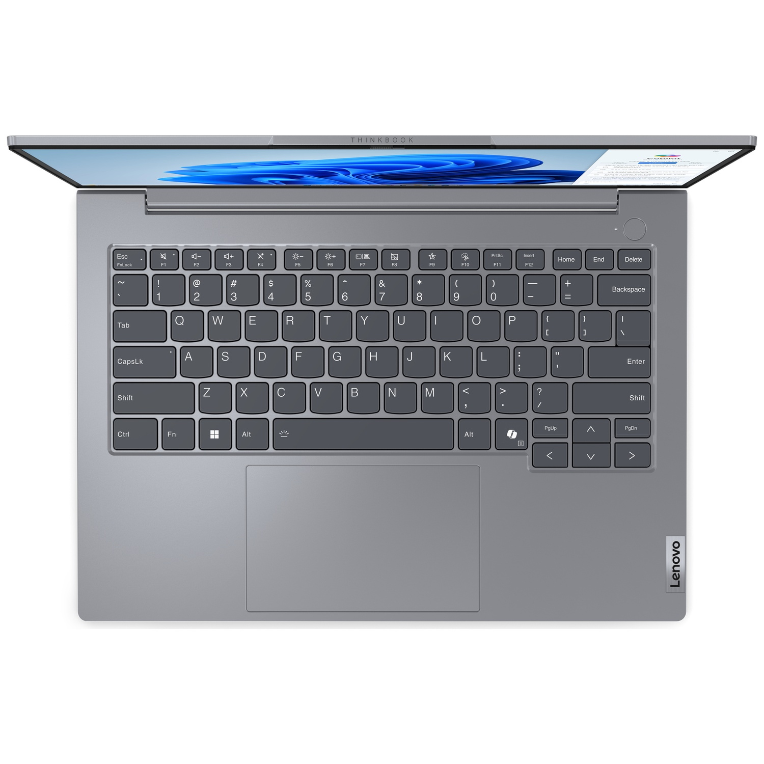 Een open grijze Lenovo ThinkBook laptop, met toetsenbord en touchpad.
