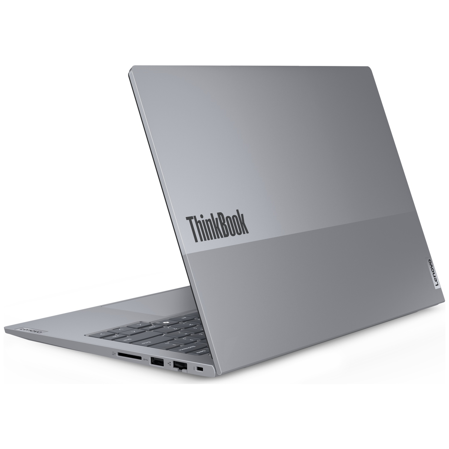 Een gesloten zilveren laptop met "ThinkBook" logo op de deksel.