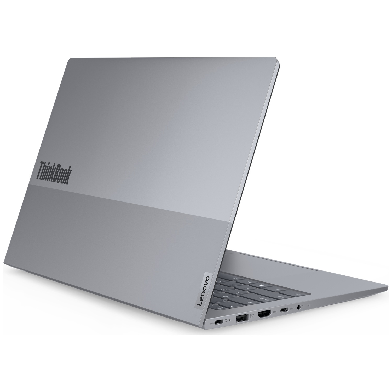 Een grijze Lenovo ThinkBook laptop is open op een witte achtergrond.