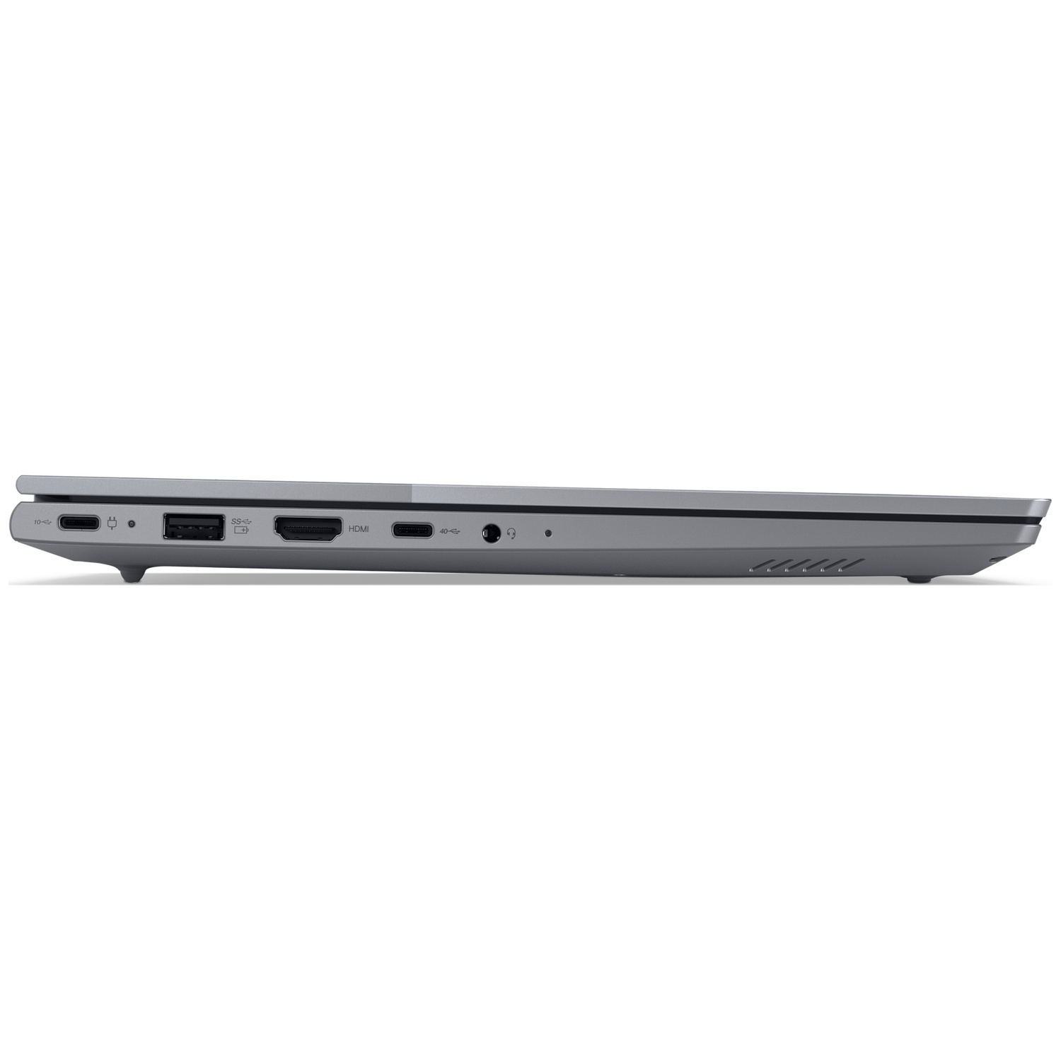 Grijze laptop zijaanzicht met poorten: USB-C, HDMI, USB-A en koptelefoonaansluiting.