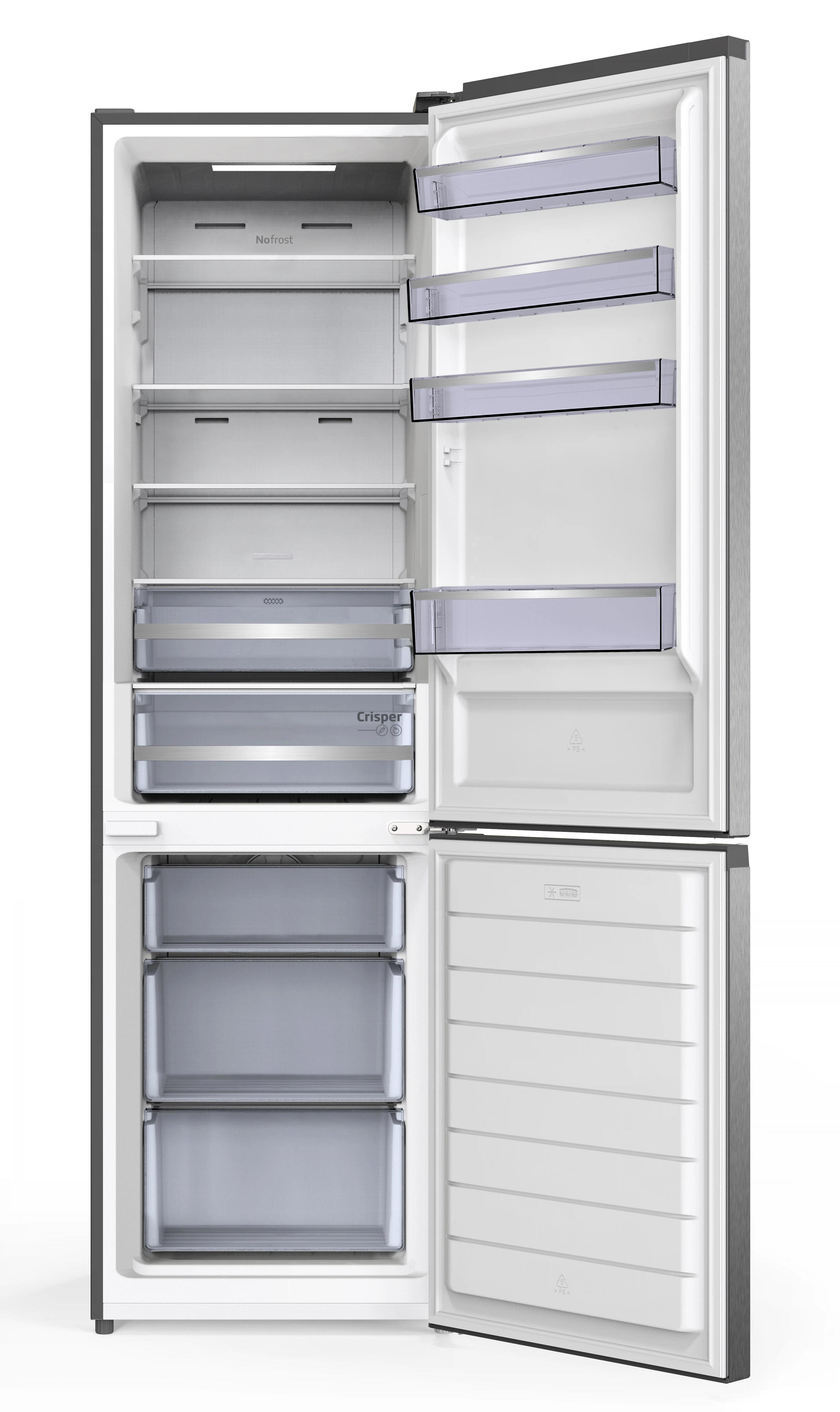 Ein offener Kühlschrank mit mehreren Regalen und Schubladen, sowohl im Kühl- als auch im Gefrierteil.