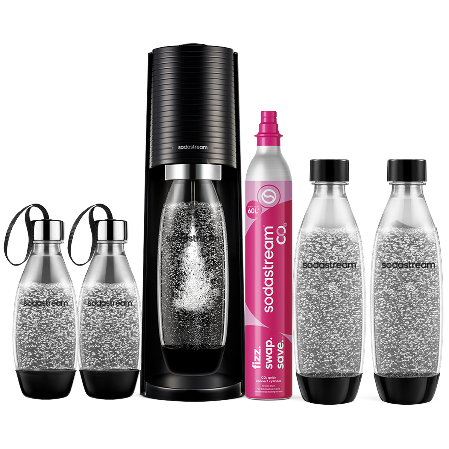 Een SodaStream watermaker met drie flessen en een CO2-cilinder op zwarte achtergrond.