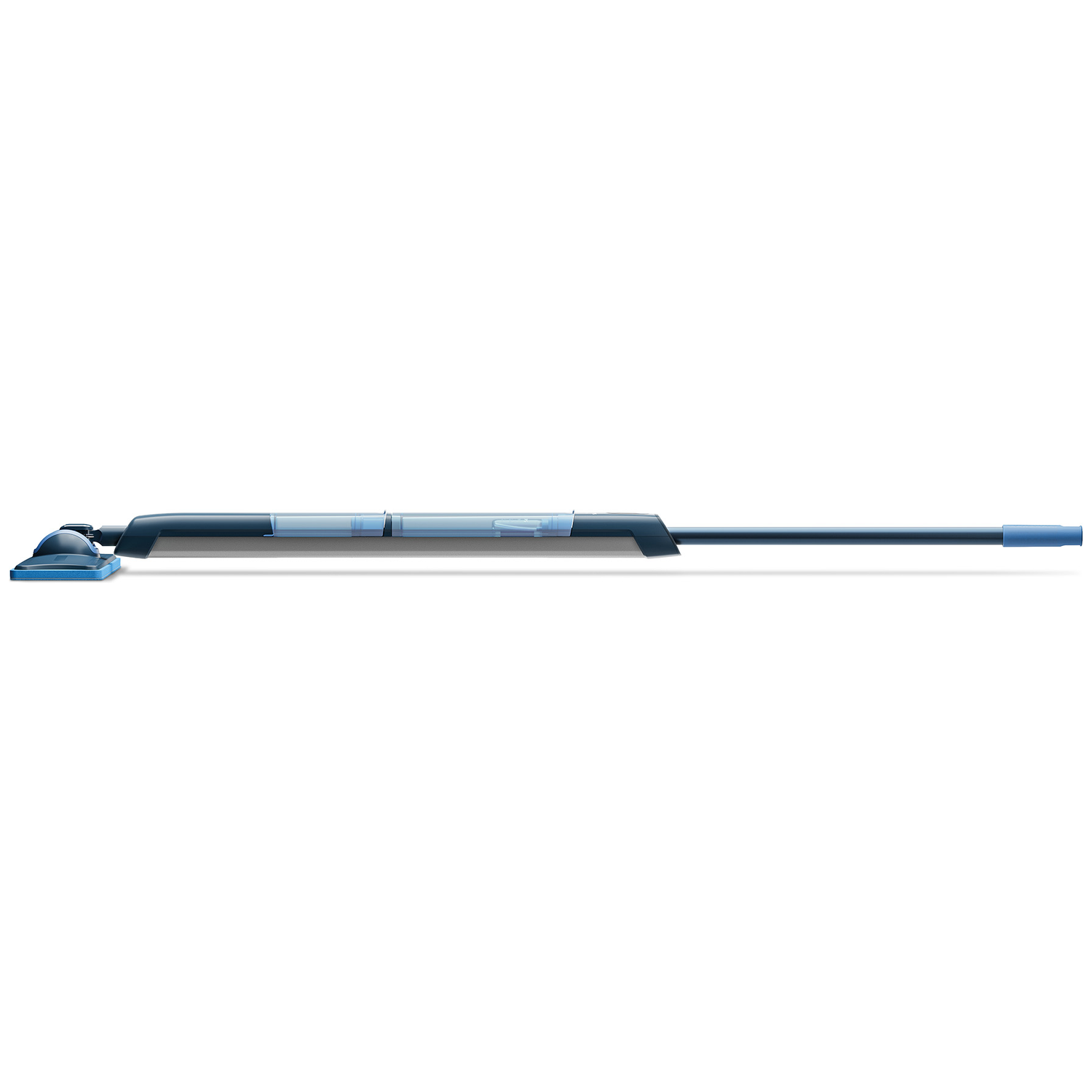 A blue mop with a long handle and a water tank.