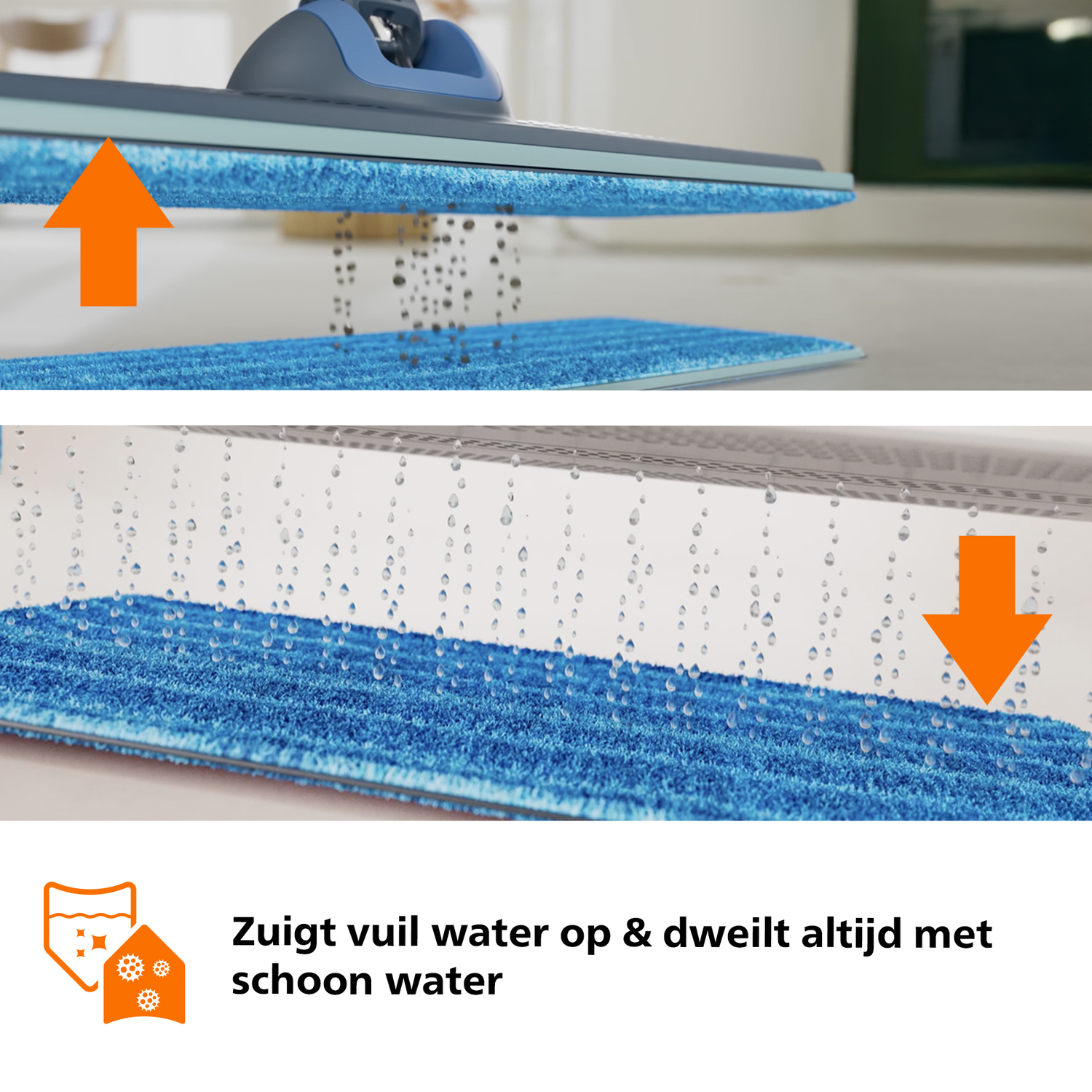 Blue mop sucks up dirty water & always mops with clean water.