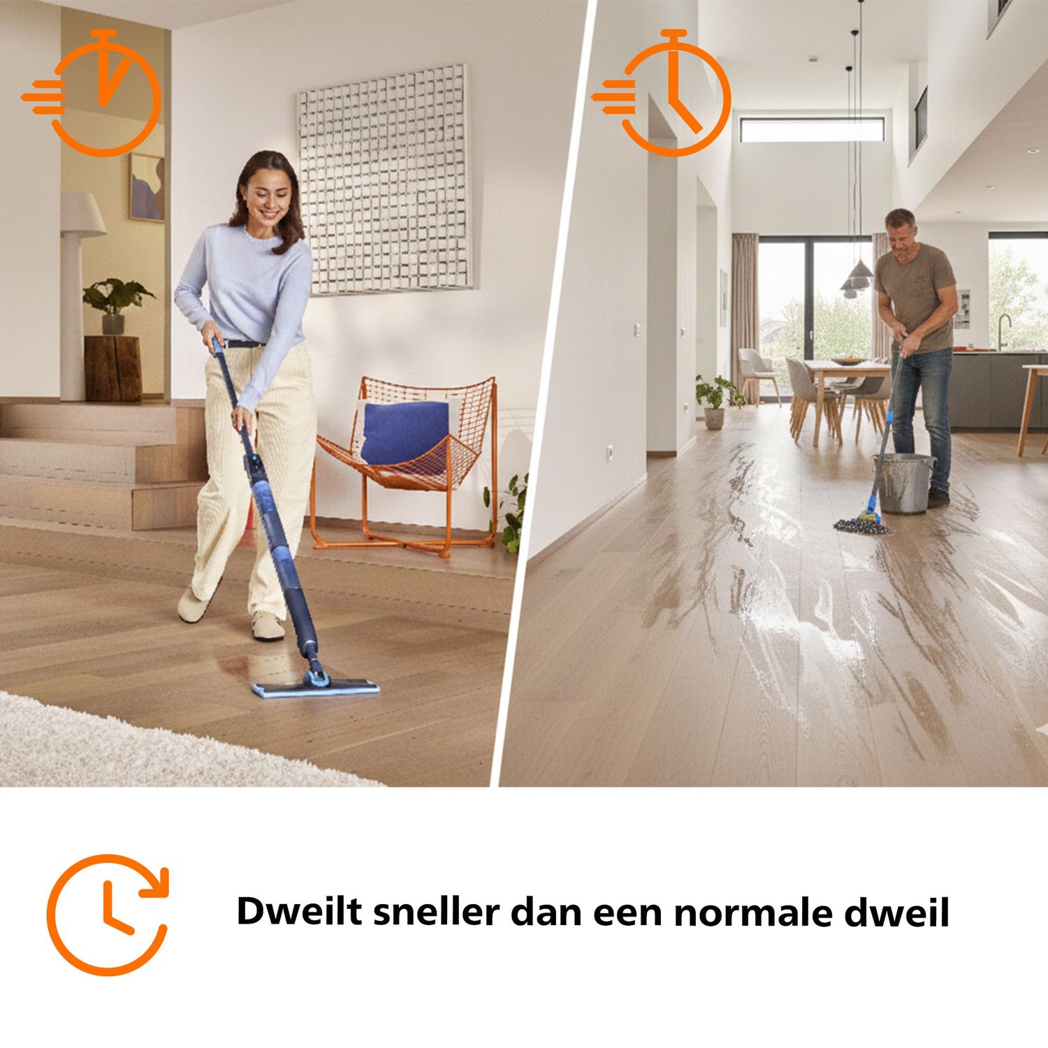 Faster mopping: Woman mops indoors, man outdoors. Time icon.
