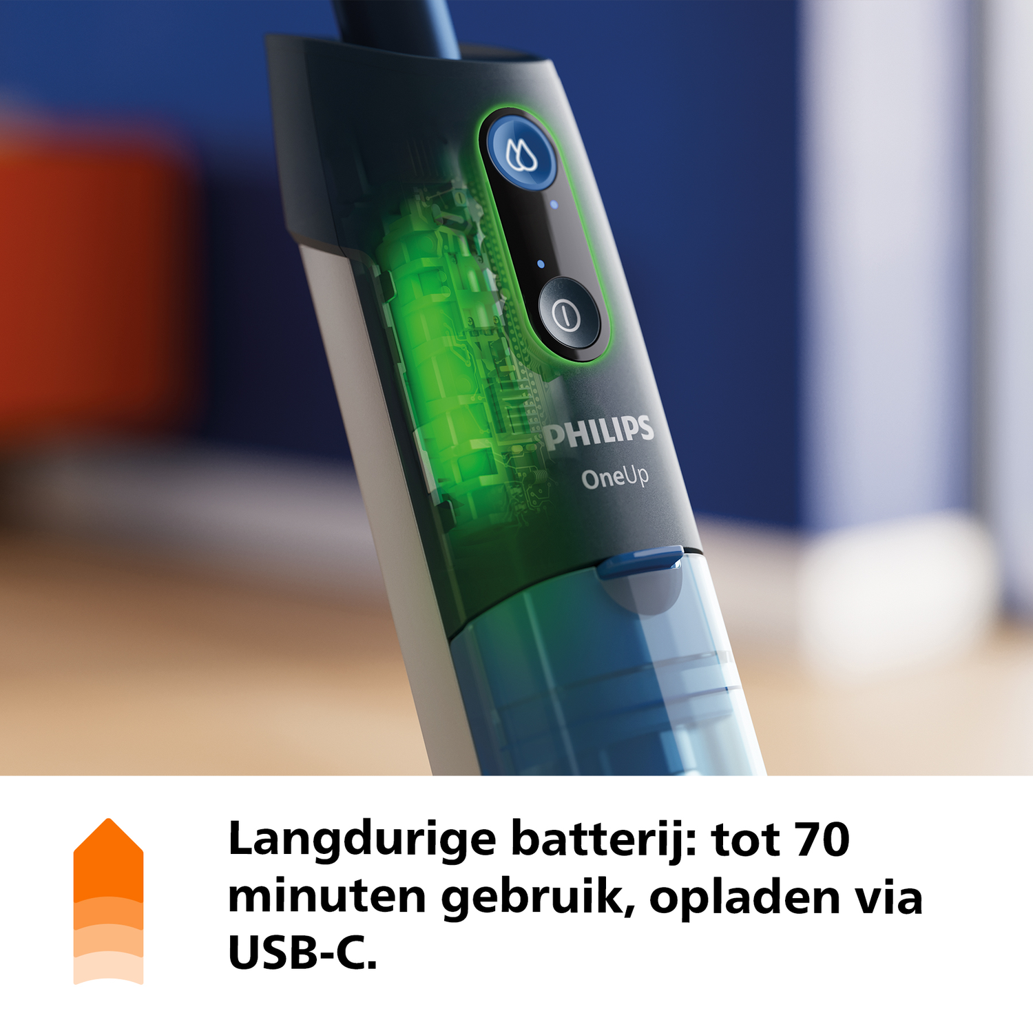 Philips OneUp with green battery and USB-C charging indicator.