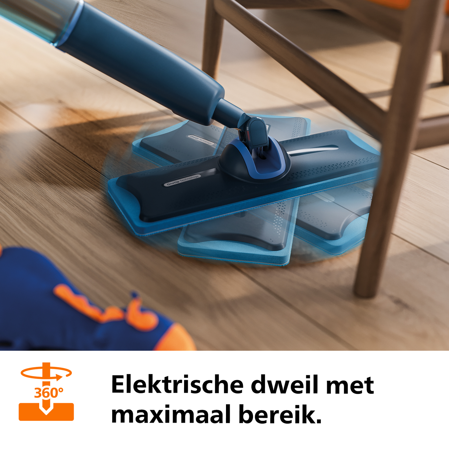 A blue mop with 360-degree movement cleans a wooden floor under a chair.