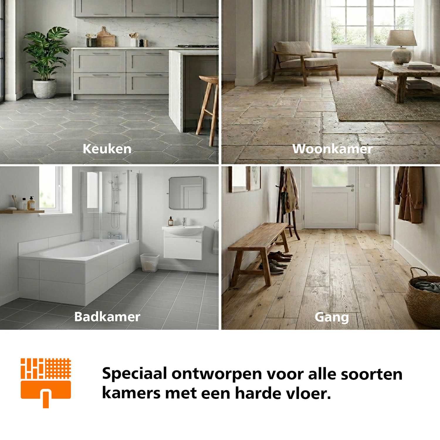 Four rooms: kitchen, living room, bathroom, and hallway with wood floor.
