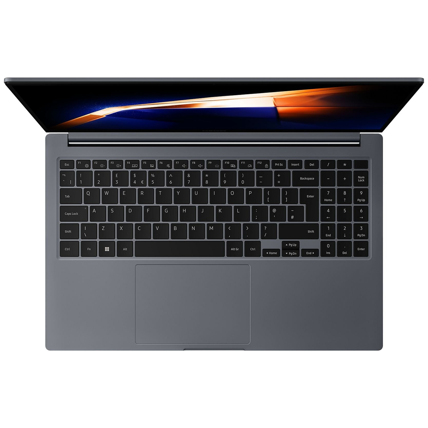 Open dark grey laptop displaying abstract orange and blue wallpaper on screen.