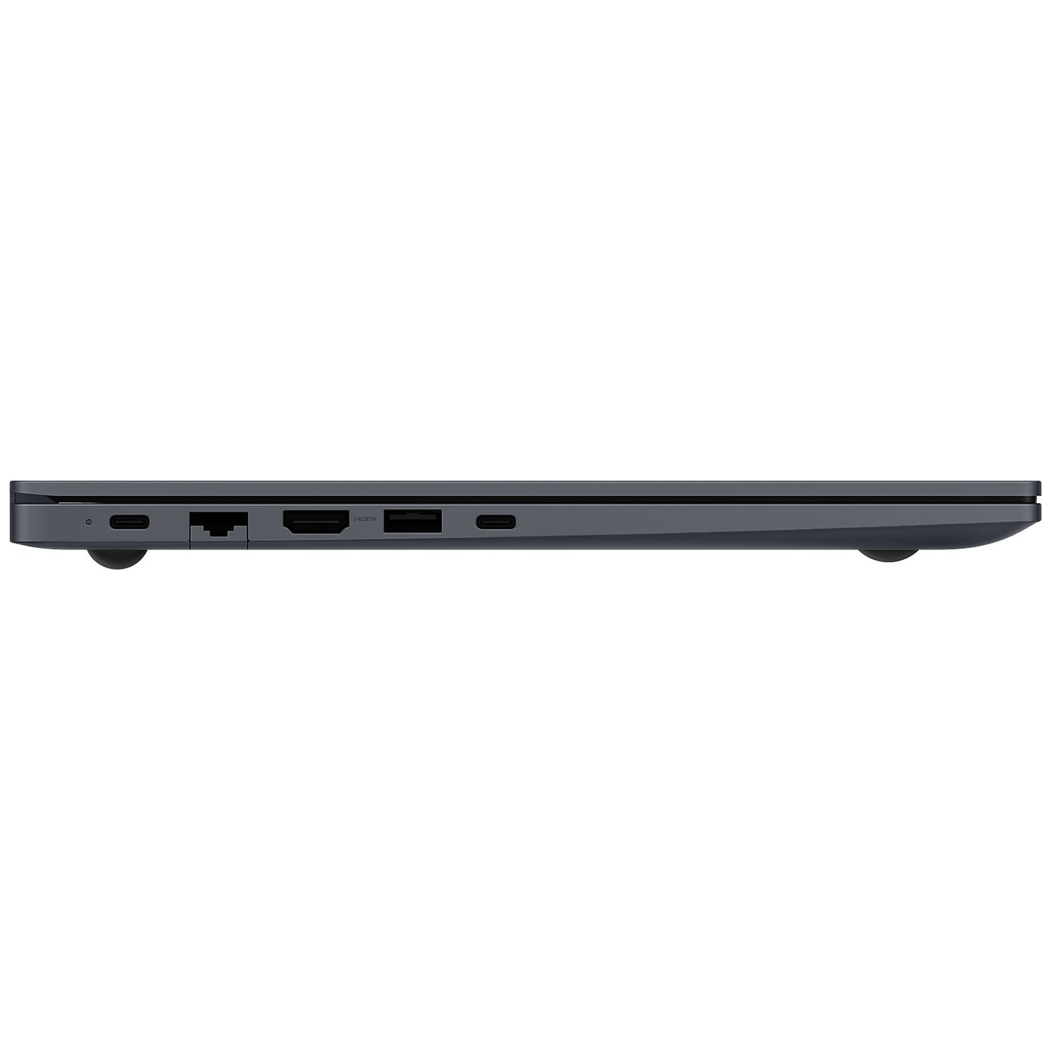 Side view of a dark laptop showing ports: USB-C, Ethernet, HDMI, USB-A.