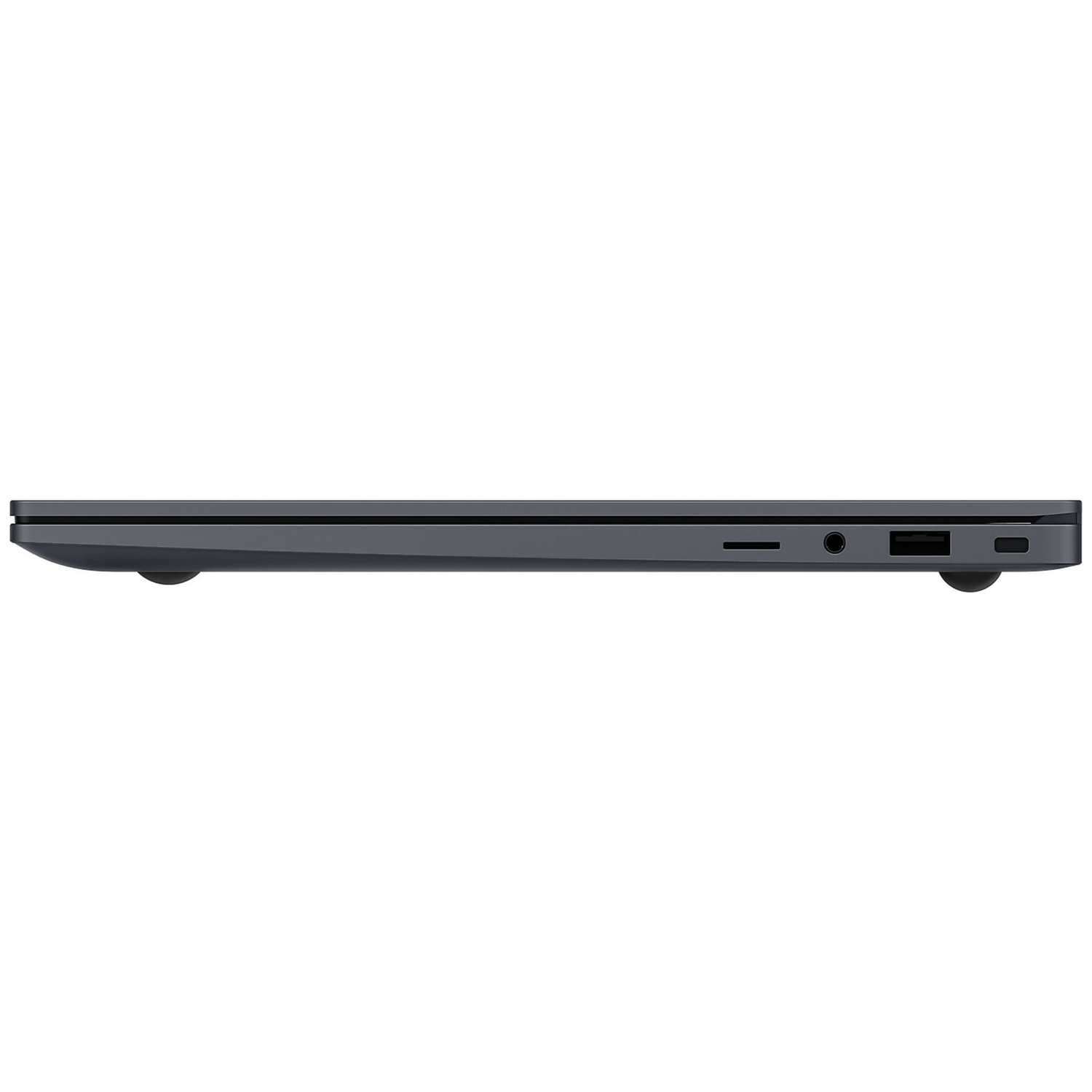 Dark gray slim laptop profile with ports: SD card, headphone, USB-A, USB-C.