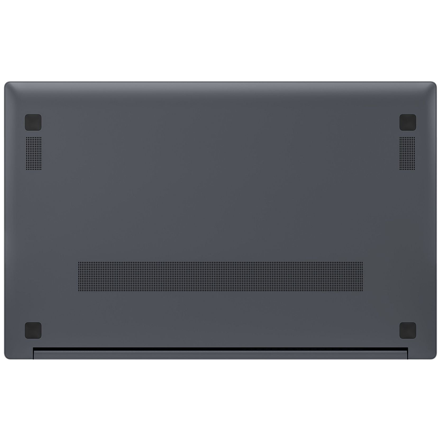 Dark gray laptop, bottom view with ventilation grilles and rubber feet.
