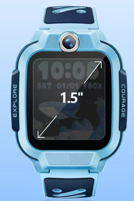 Jasnoniebieski smartwatch z kamerą, ekran 1,5 cala, napisy 'Explore' i 'Courage'.