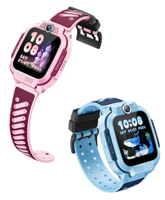 Dwa smartwatchy dla dzieci, jeden różowy i jeden niebieski, z kolorowymi tarczami.