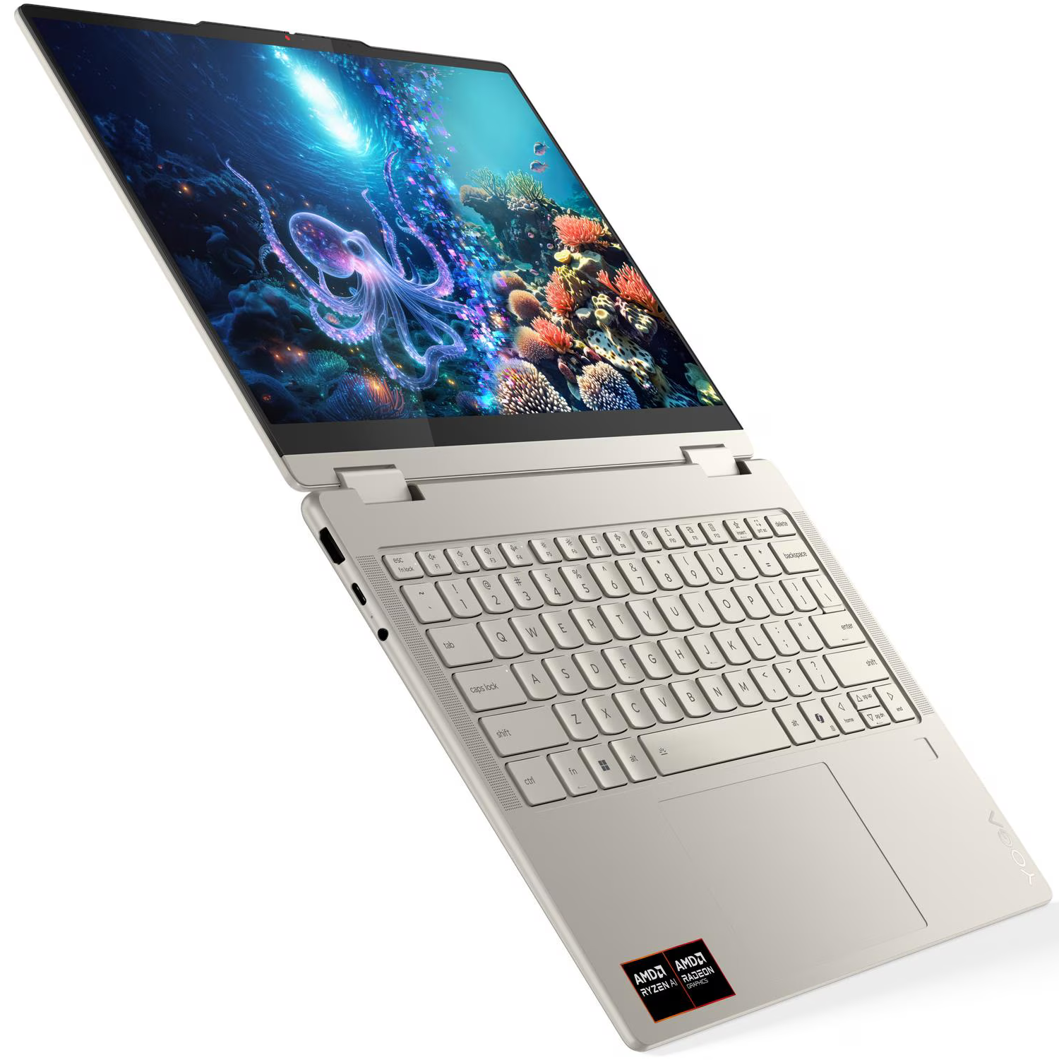 Világos bézs laptop óceáni jelenettel és polippal.