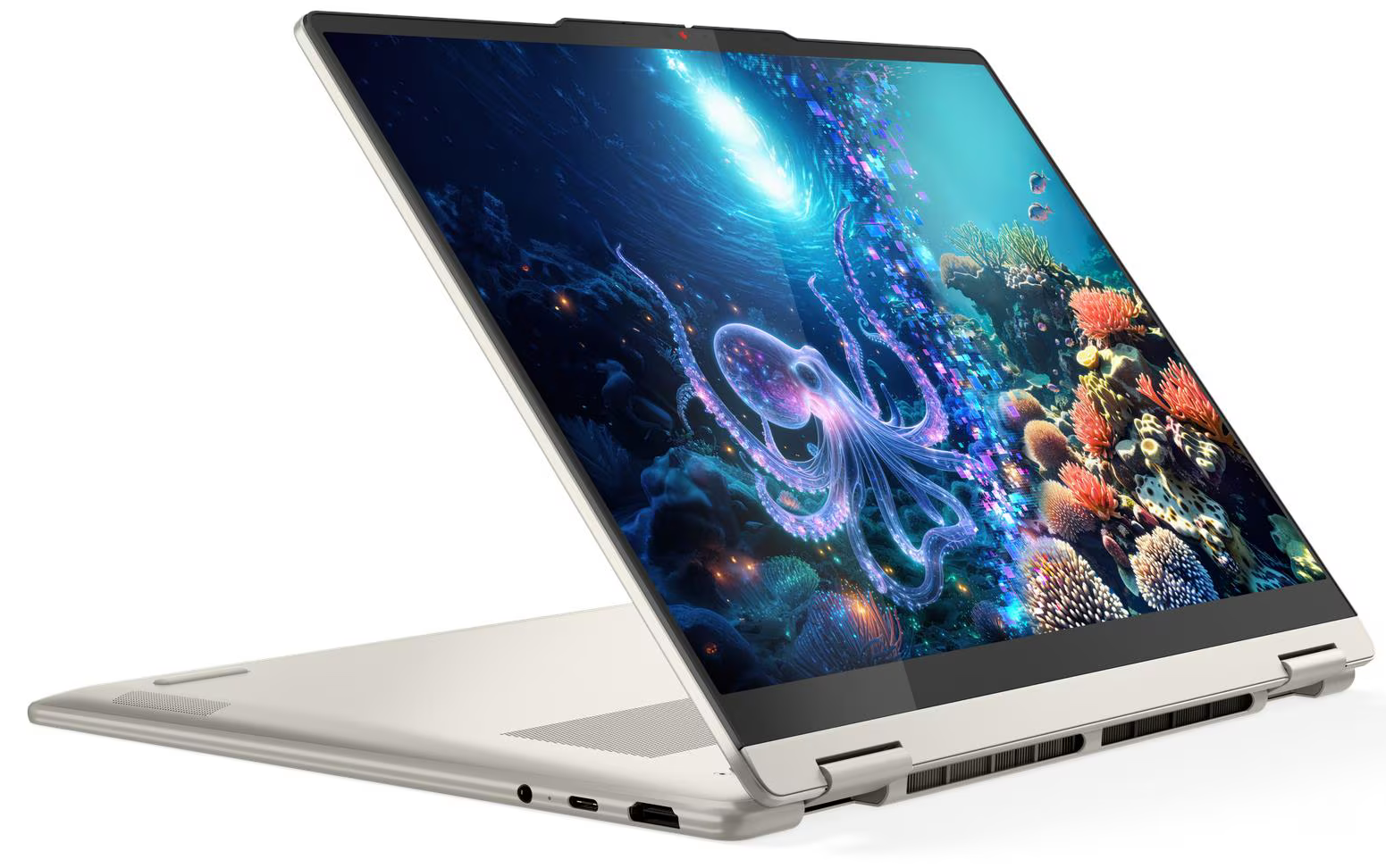 Laptopon víz alatti jelenet látható polippal és korallzátonnyal.