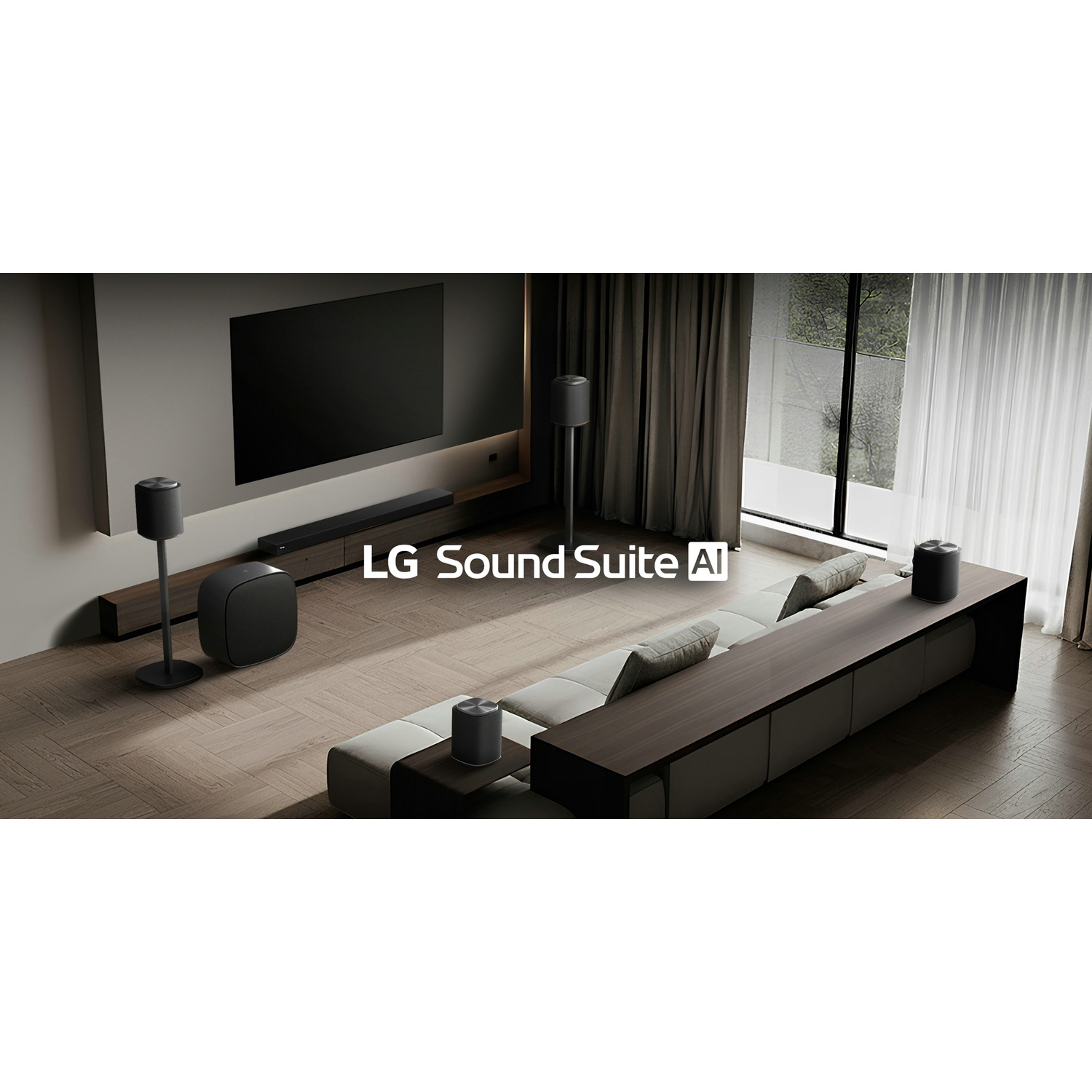 Modern living room with LG Sound Suite speakers and television.