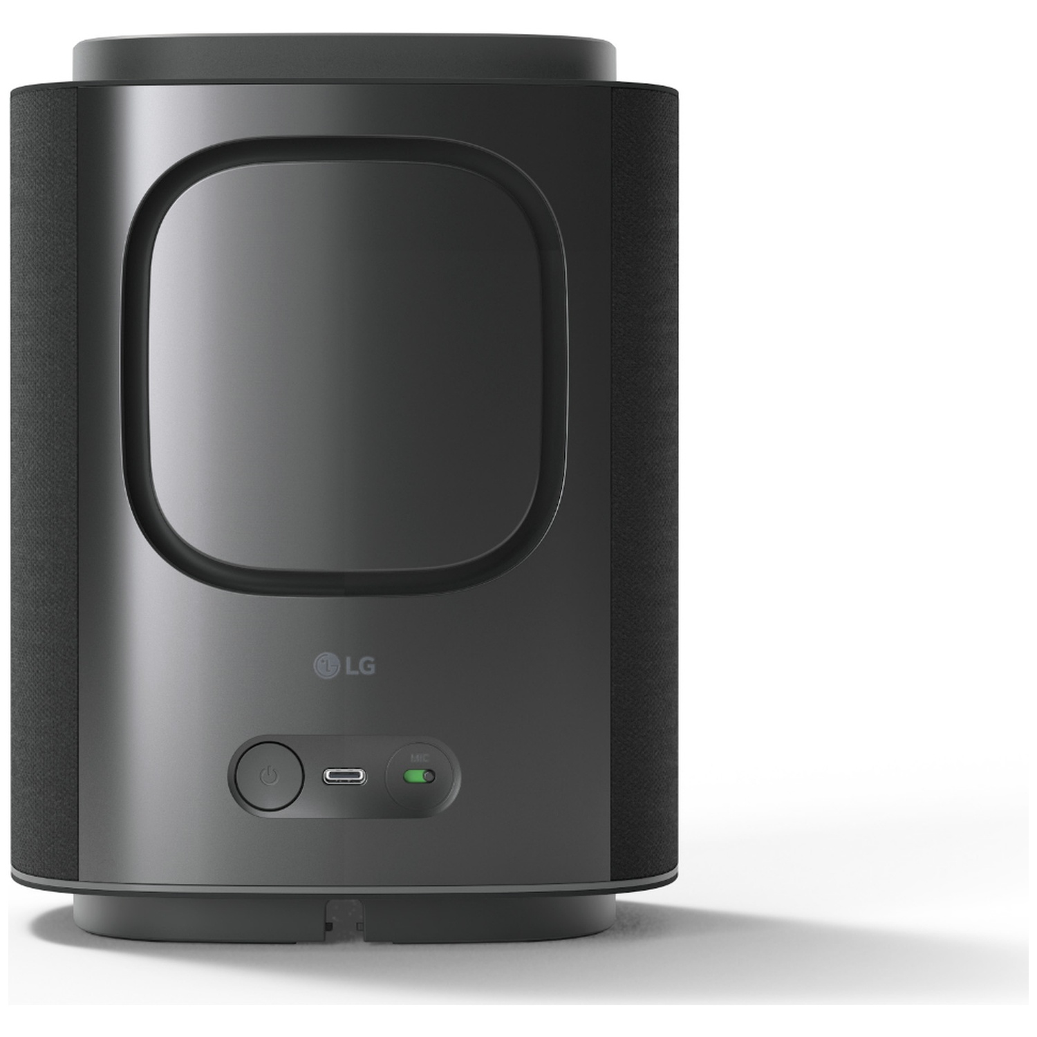 Een zwarte LG speaker met een rechthoekige uitsparing aan de voorzijde.