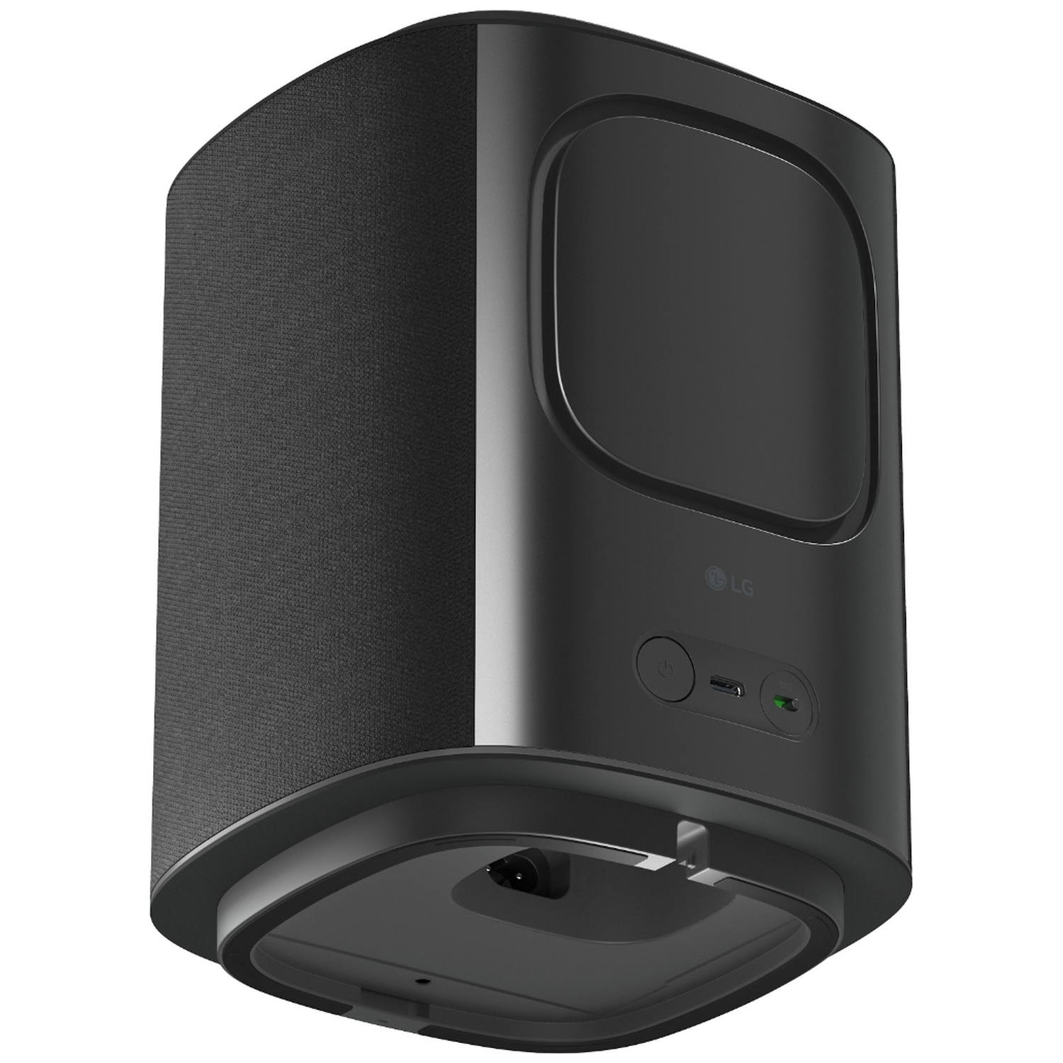 Zwarte LG speaker met stoffen bekleding en bedieningsknoppen.
