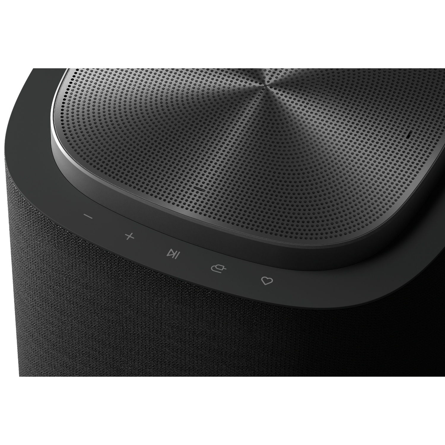 Zwarte luidspreker met touch-bediening: volume, play, microfoon en favorieten.
