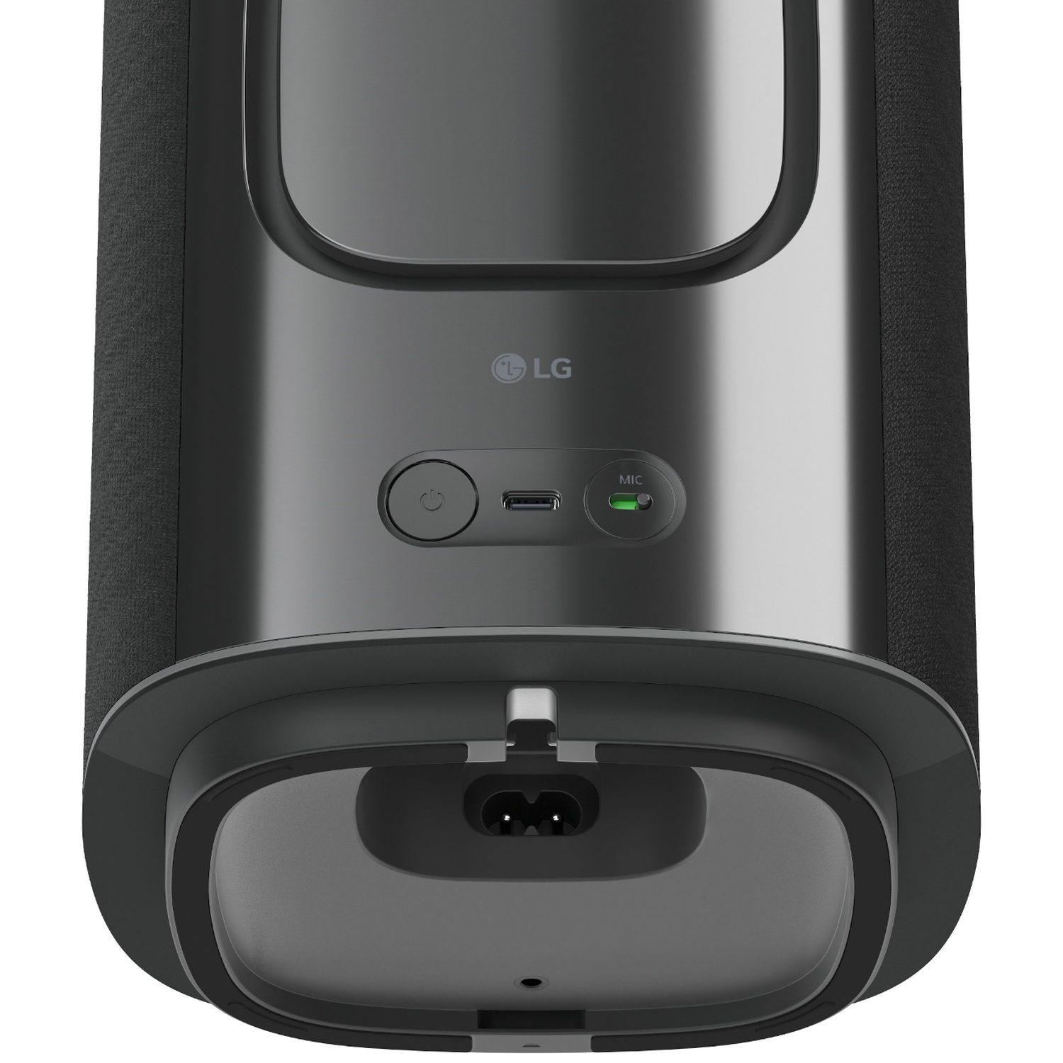 Zwarte LG luidspreker met microfooningang en USB. Stroomingang aan de onderkant.