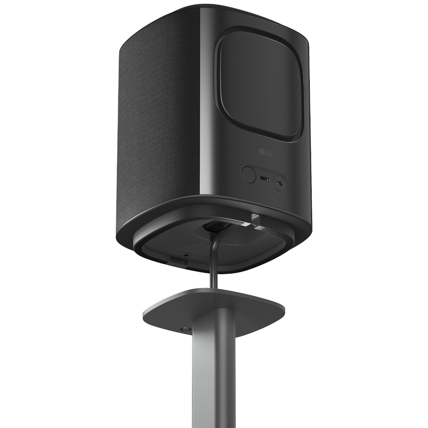 Zwarte LG speaker op een grijze standaard, met knoppen en poorten.