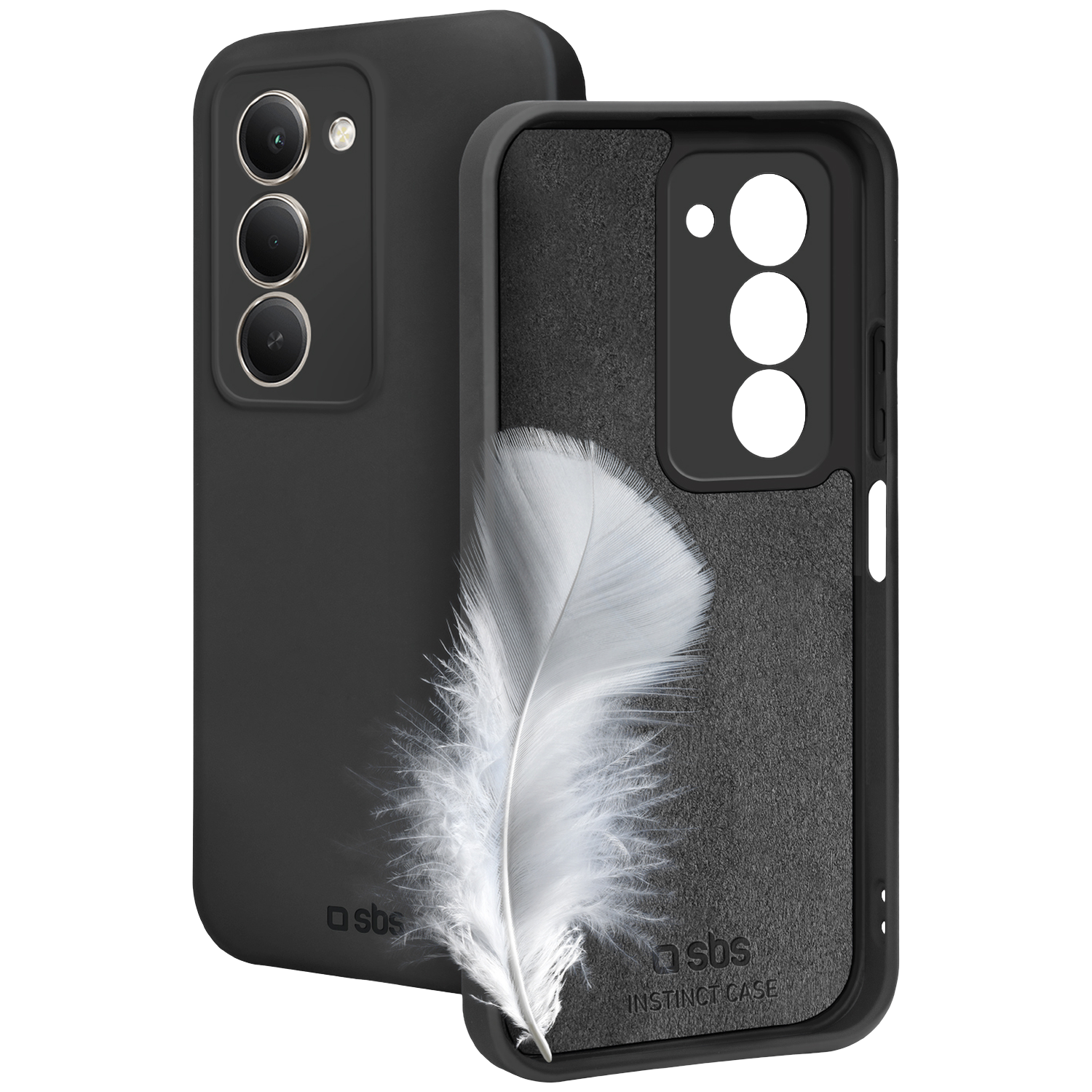 Coque de téléphone noire avec trois objectifs et une plume blanche.