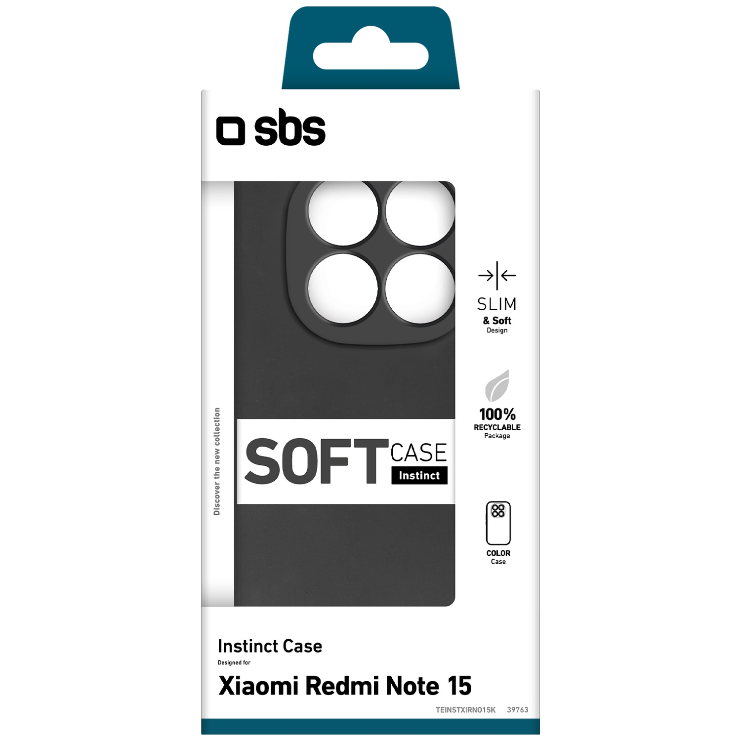 SBS soft case packaging for Xiaomi Redmi Note 15, black, slim design.