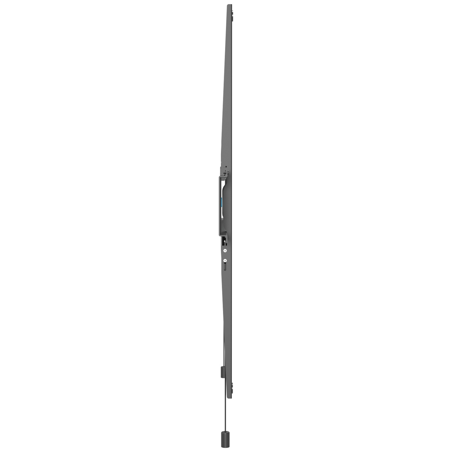 Grijze muurbeugel met aansluitingen en kabel, van de zijkant gezien.