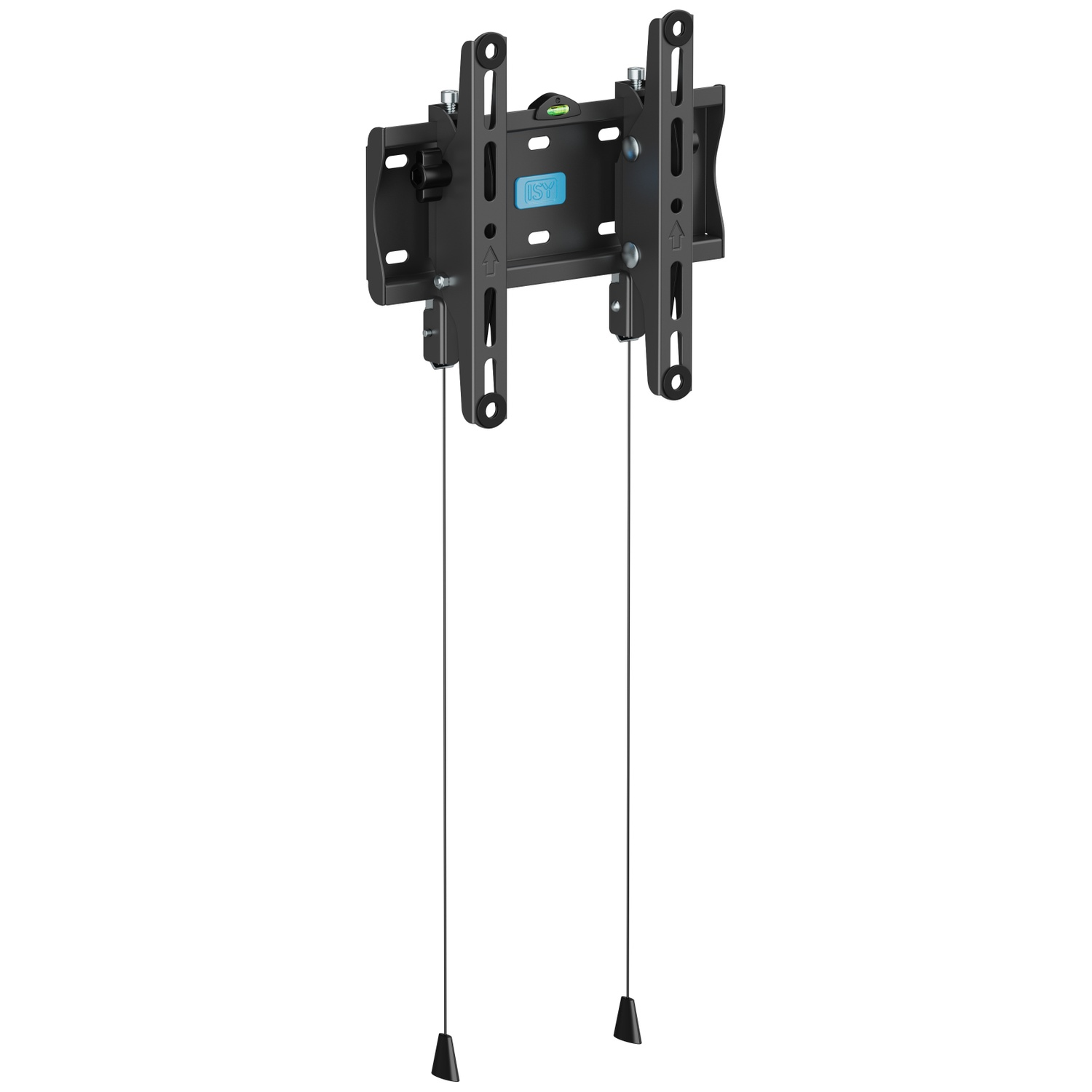 Black TV wall mount with spirit level and cables on a white background.