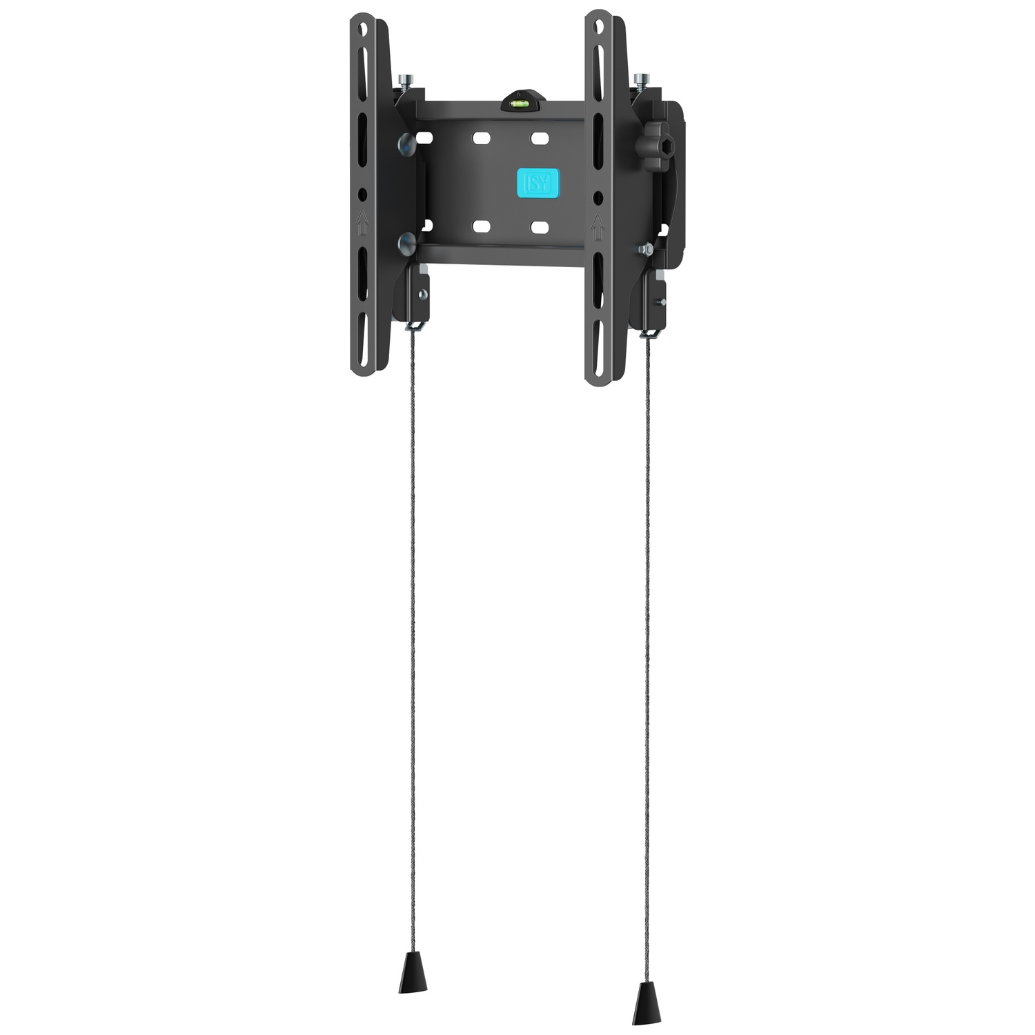 Black TV wall mount with bubble level and two pull cords.