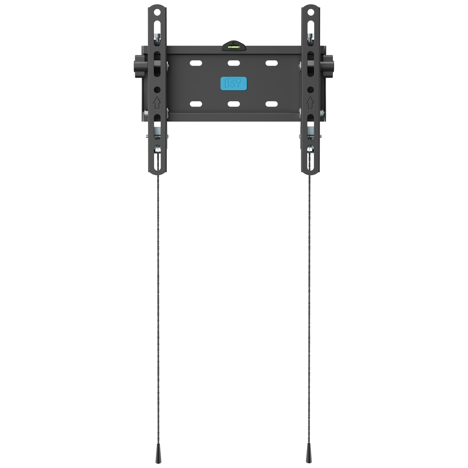 Black TV wall mount with hanging cables and a spirit level.