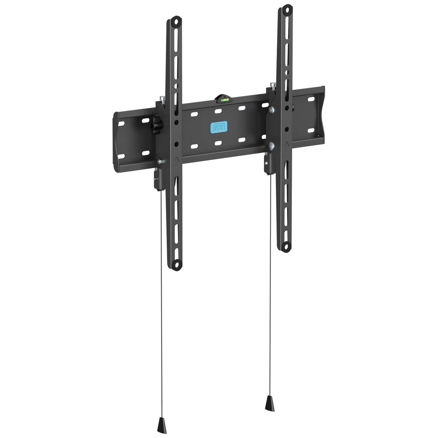 A black TV wall mount with two vertical rails and hanging cords.