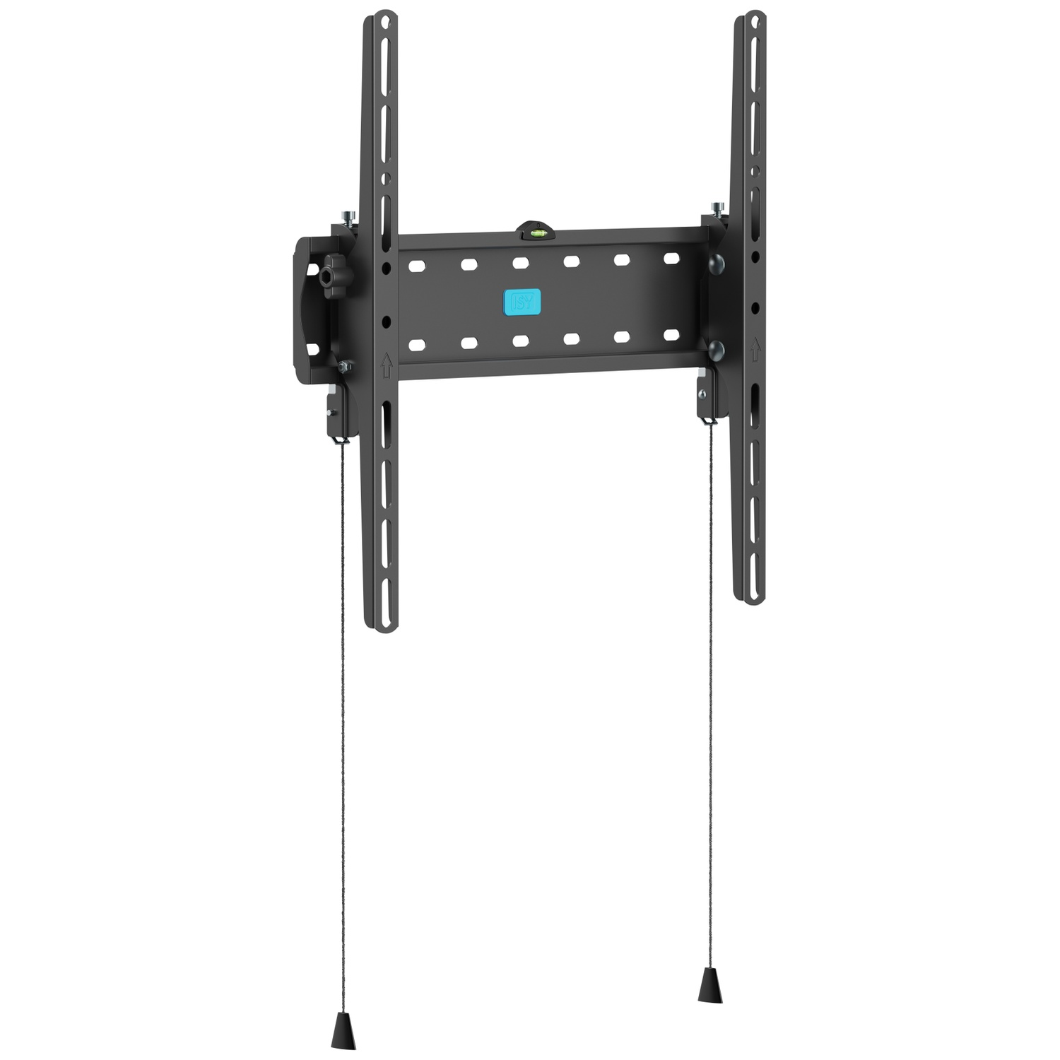 Black TV wall mount with a spirit level and pull cords.