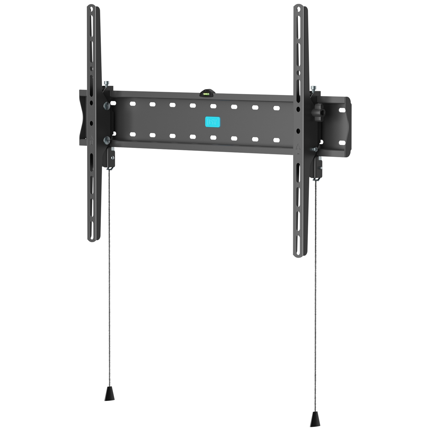 Black TV wall mount with adjustable arms and pull cords.